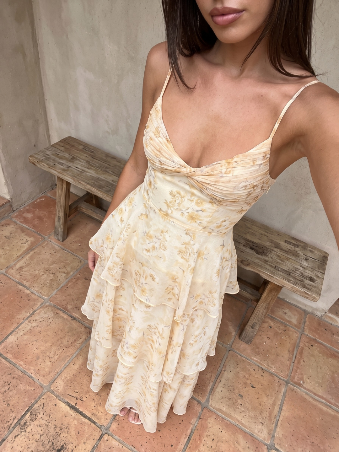Pleated Twist Tiered Maxi Dress With Floral Print
