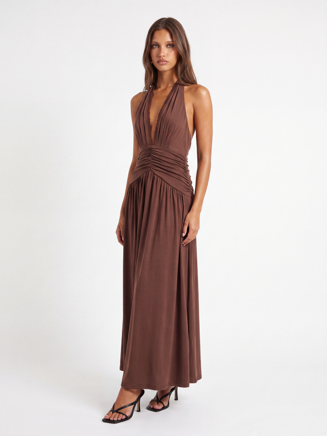 Plunge Halterneck Maxi Dress With Ruched Waist