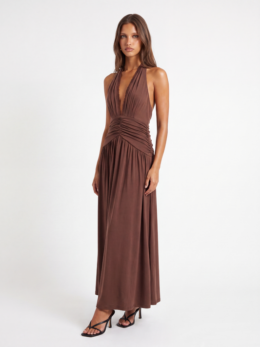 Plunge Halterneck Maxi Dress With Ruched Waist