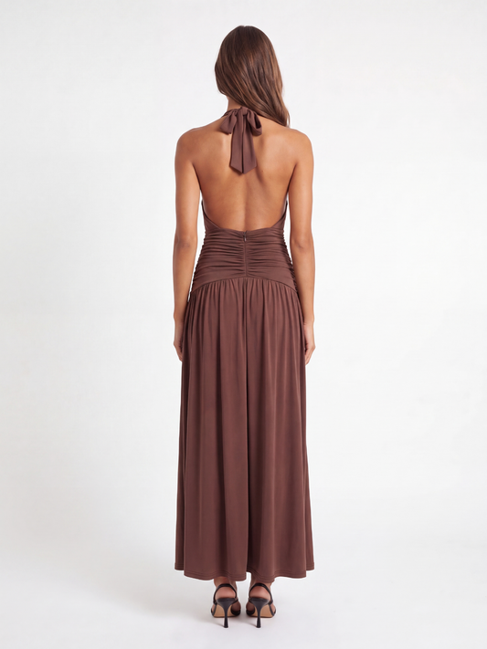 Plunge Halterneck Maxi Dress With Ruched Waist