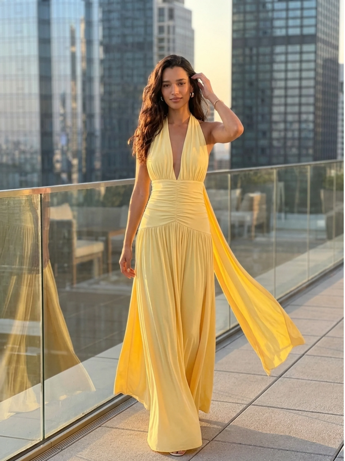 Plunge-Neck Maxi Dress With Gathered Detailing