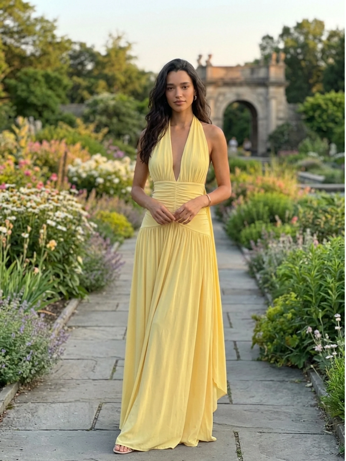 Plunge-Neck Maxi Dress With Gathered Detailing