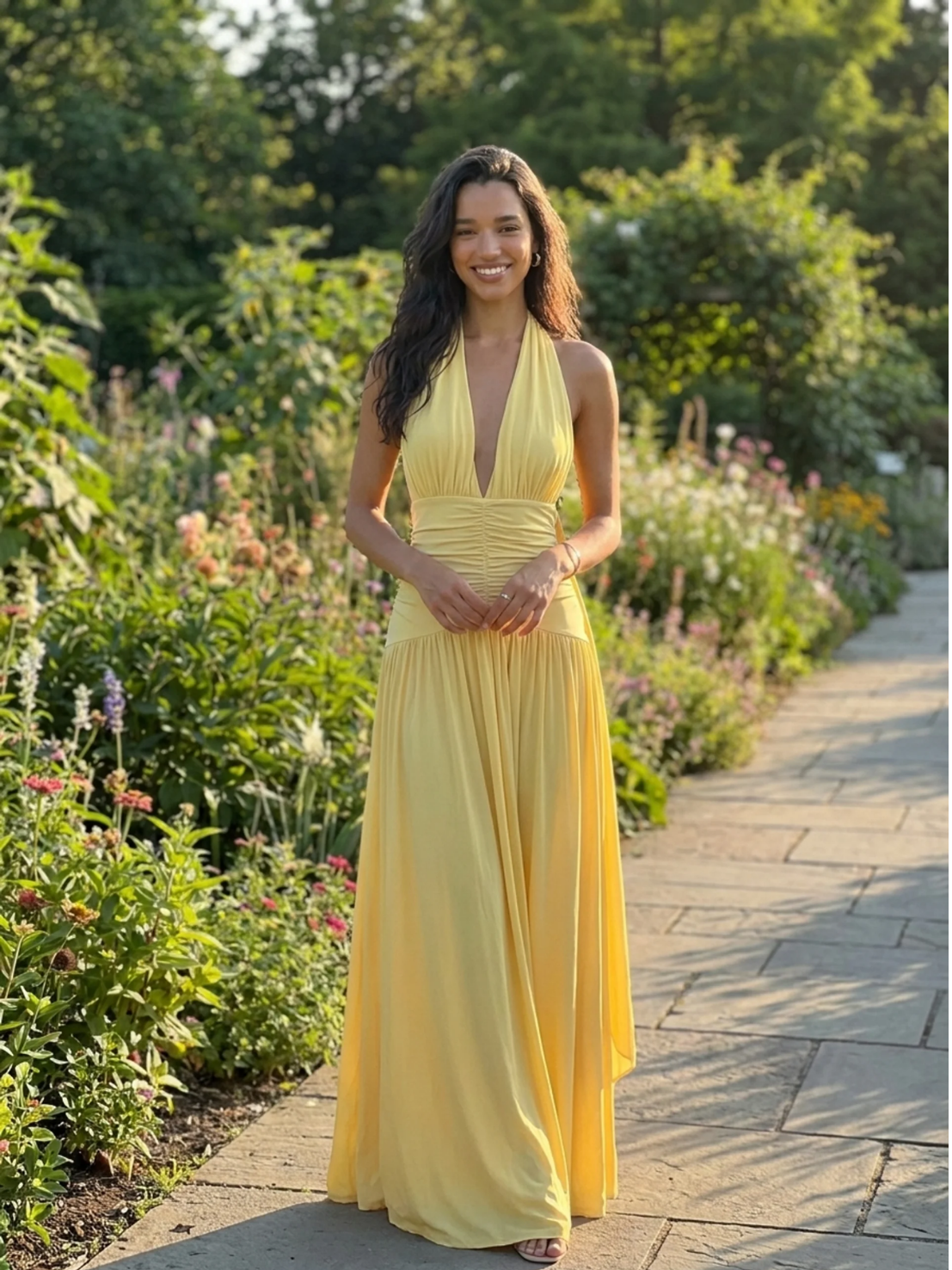 Plunge-Neck Maxi Dress With Gathered Detailing
