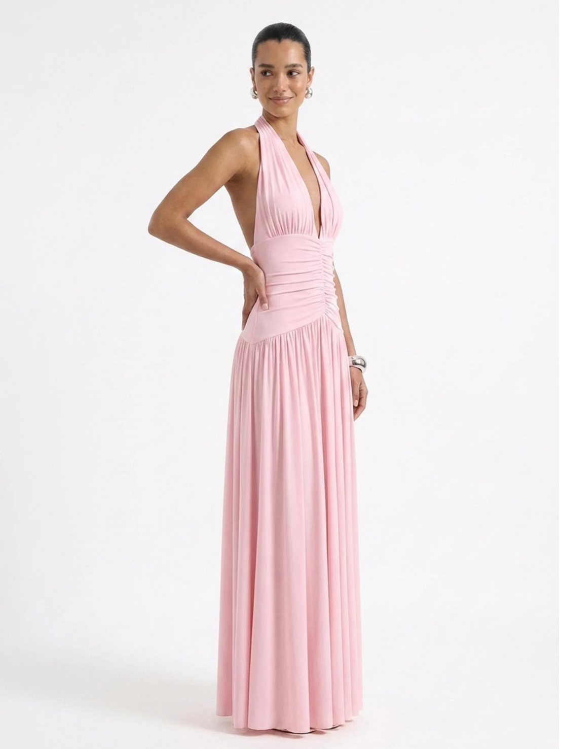 Plunge-Neck Maxi Dress With Gathered Detailing
