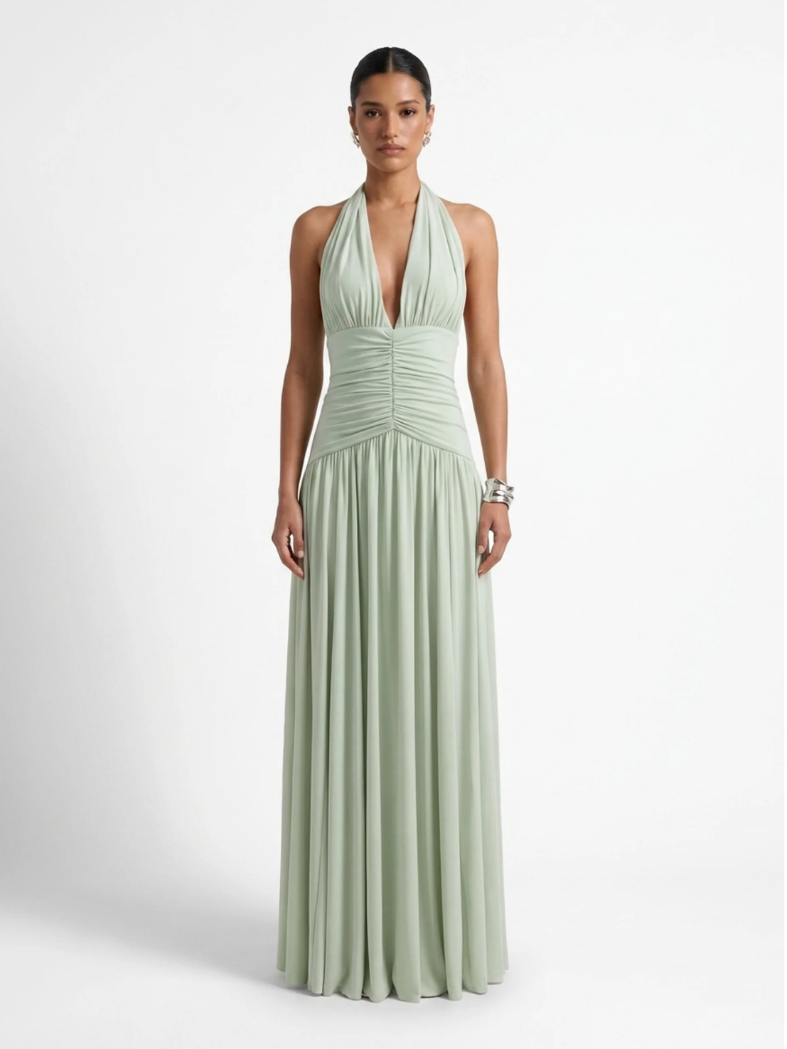 Plunge-Neck Maxi Dress With Gathered Detailing