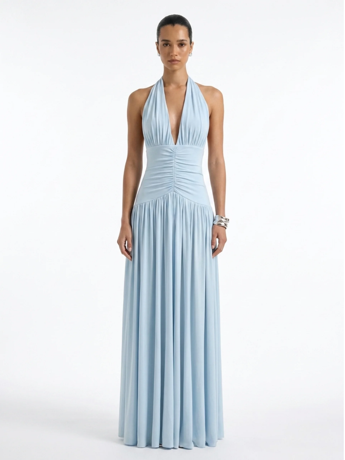 Plunge-Neck Maxi Dress With Gathered Detailing