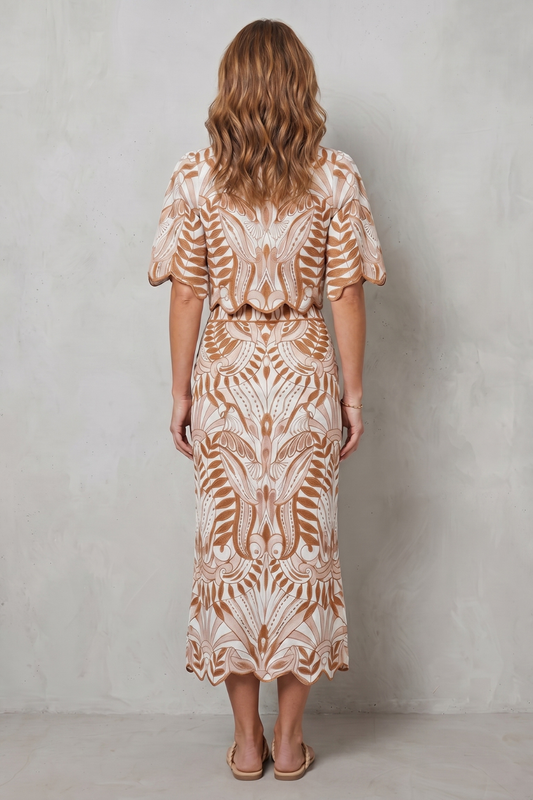 Printed Linen-Blend Bell Sleeve Skirt Set