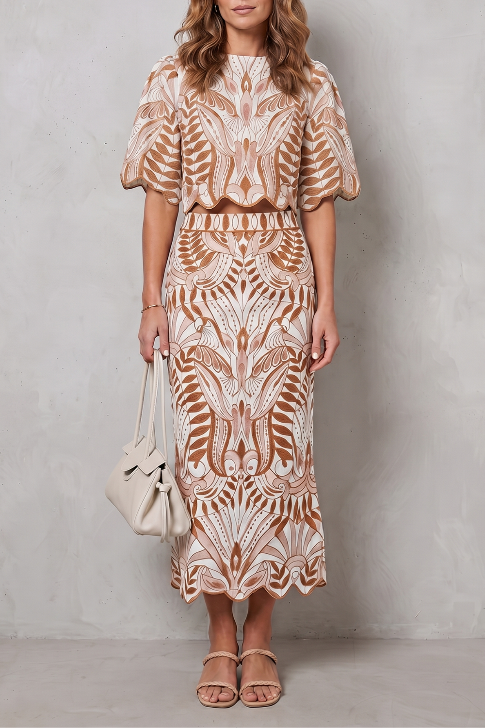 Printed Linen-Blend Bell Sleeve Skirt Set