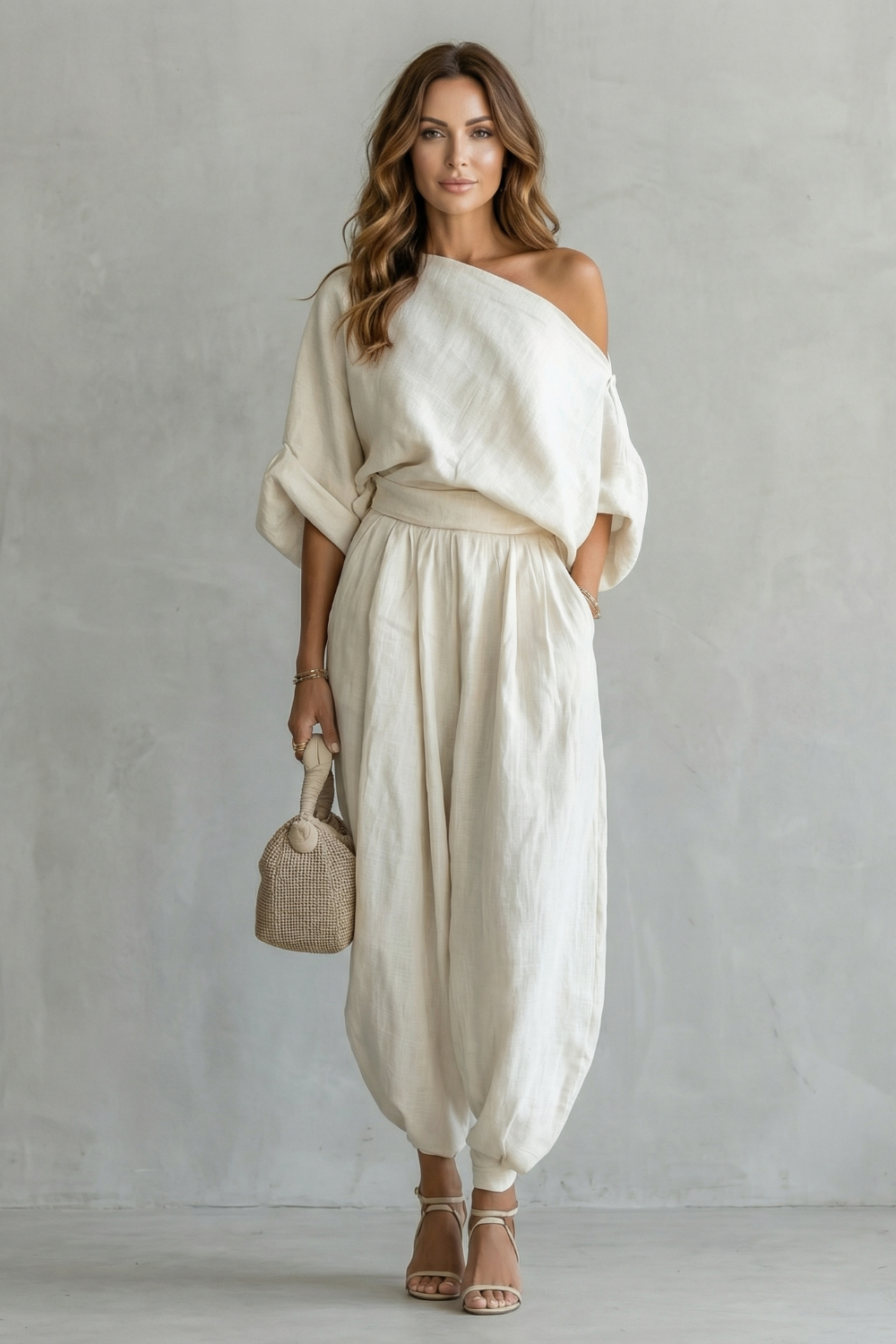 Relaxed Off-Shoulder Two-Piece Set with Tapered Trousers