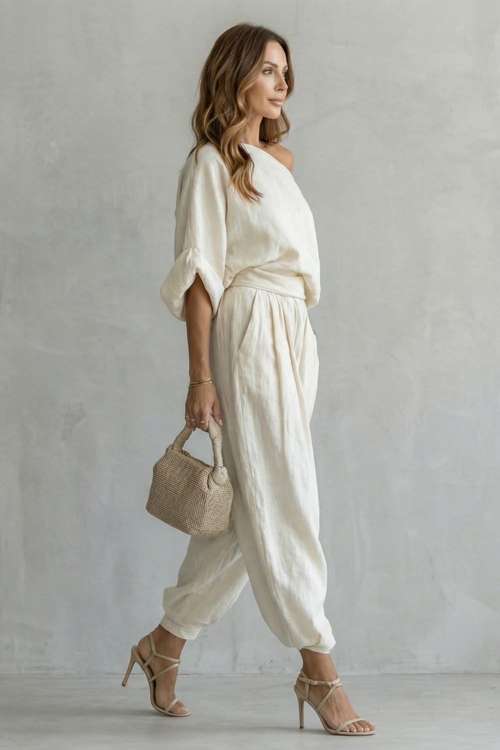 Relaxed Off-Shoulder Two-Piece Set with Tapered Trousers