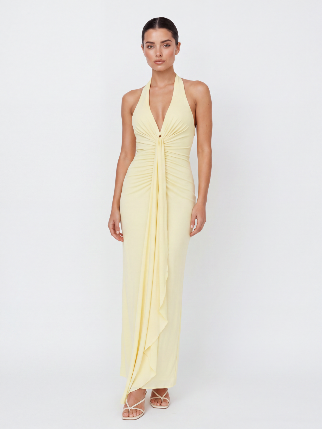 Ruched Halterneck Maxi Dress With Cascading Sash