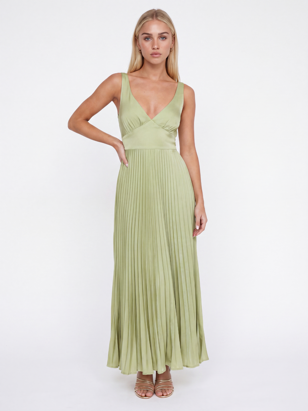 Satin Pleated Maxi Dress With V-Neck
