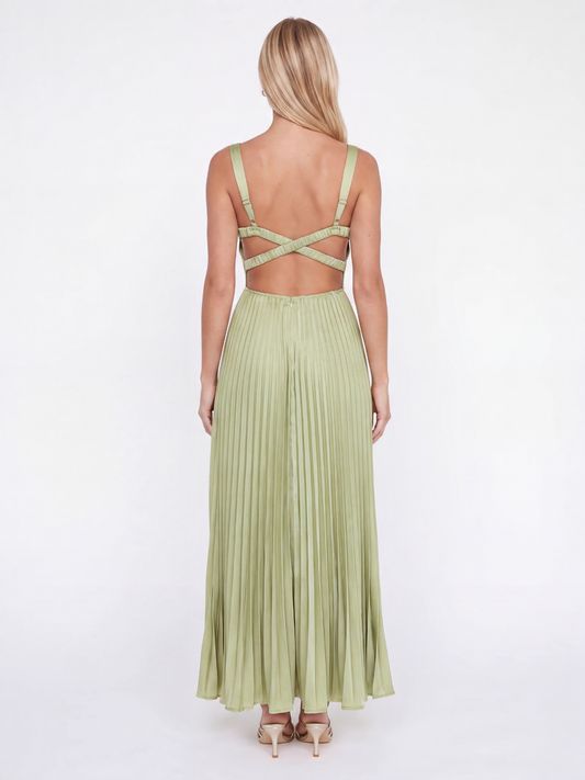 Satin Pleated Maxi Dress With V-Neck