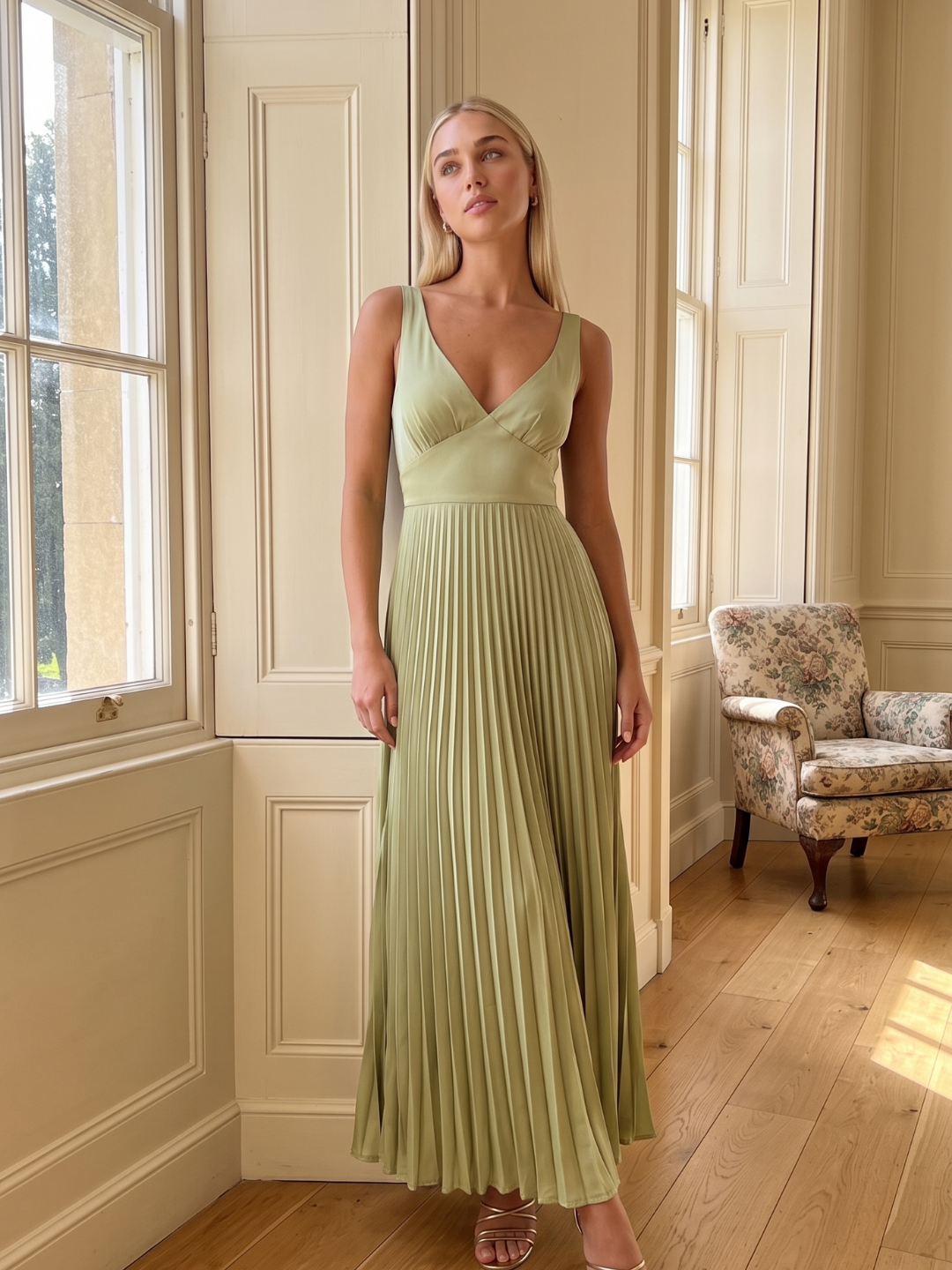 Satin Pleated Maxi Dress With V-Neck