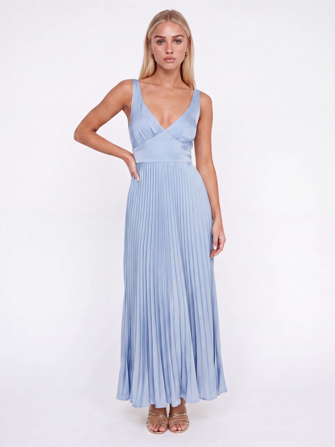 Satin Pleated Maxi Dress With V-Neck