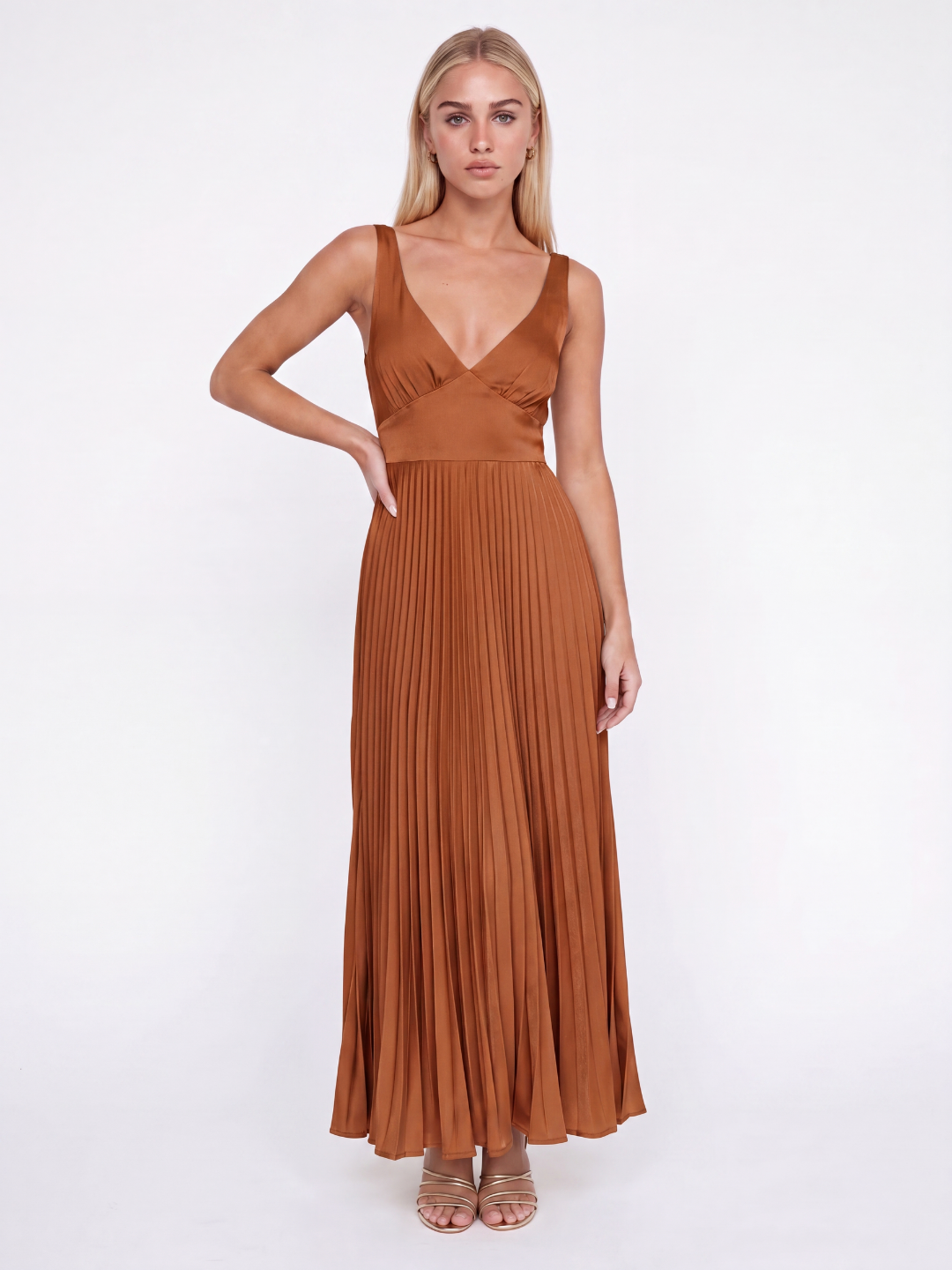 Satin Pleated Maxi Dress With V-Neck