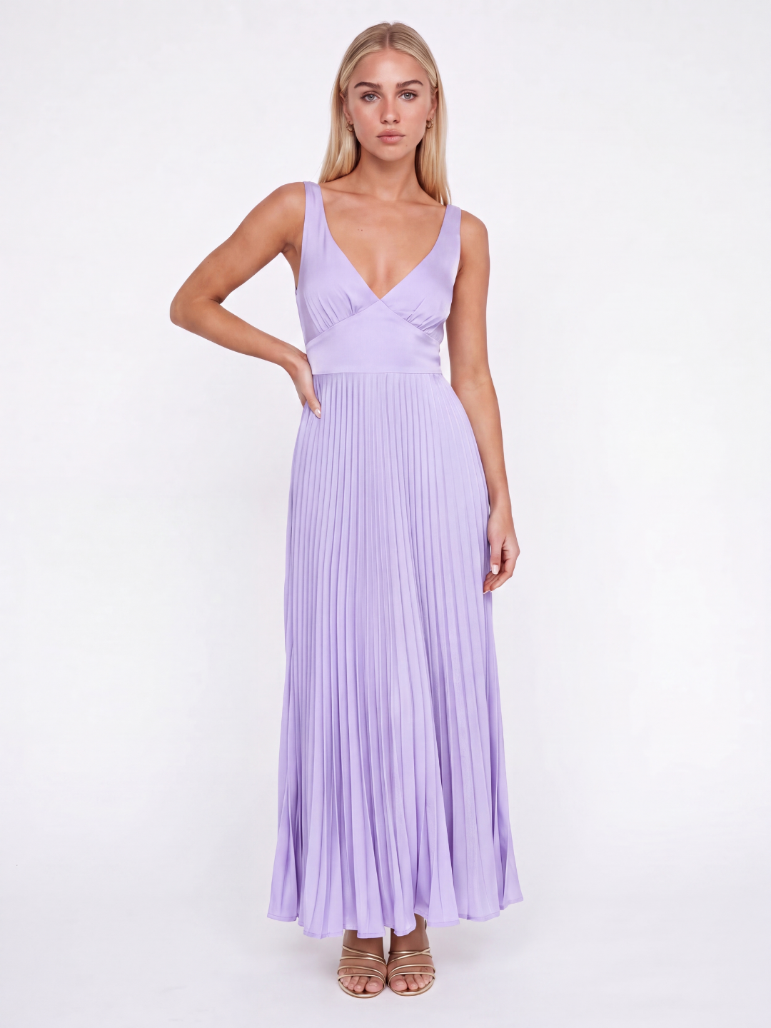Satin Pleated Maxi Dress With V-Neck