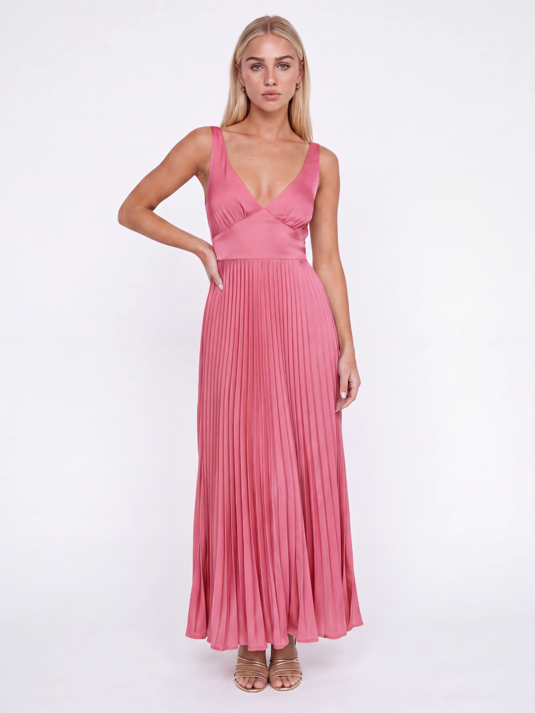 Satin Pleated Maxi Dress With V-Neck