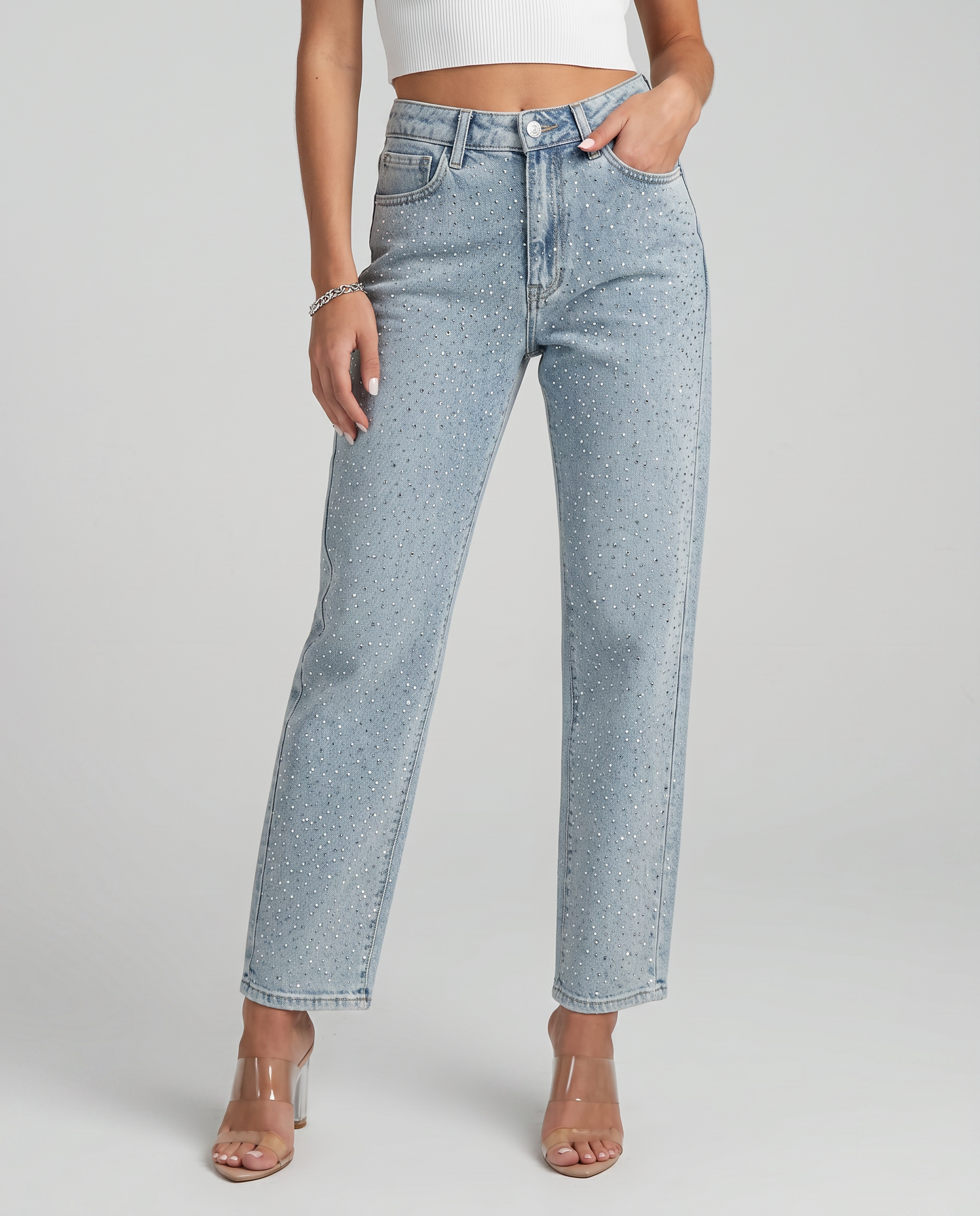 Shimmer Denim High Waist Straight-Leg Jeans