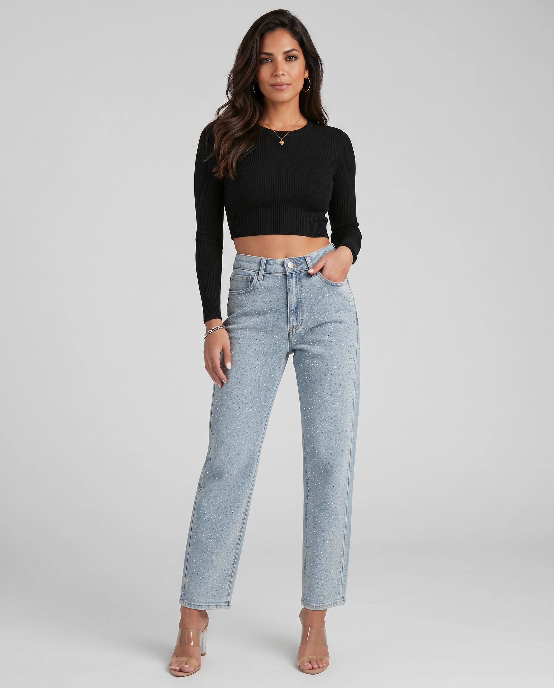 Shimmer Denim High Waist Straight-Leg Jeans