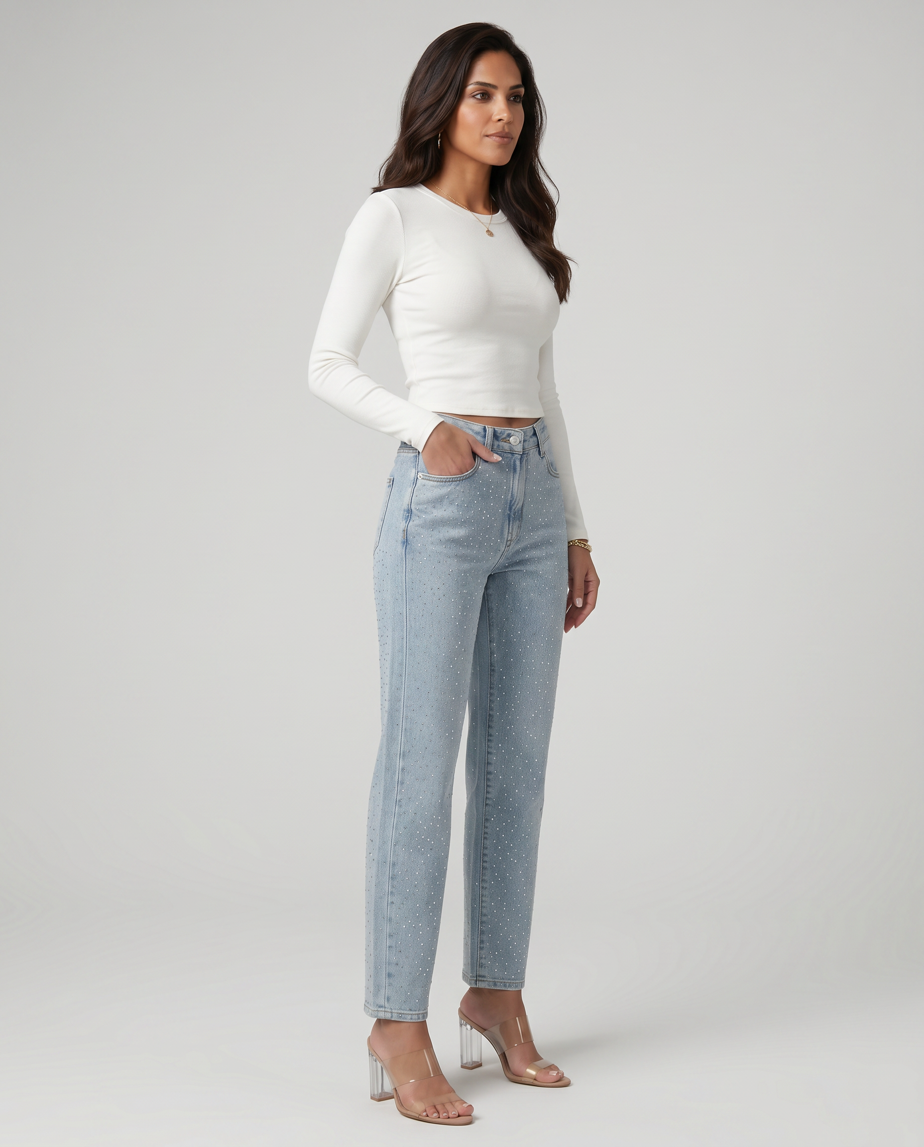 Shimmer Denim High Waist Straight-Leg Jeans