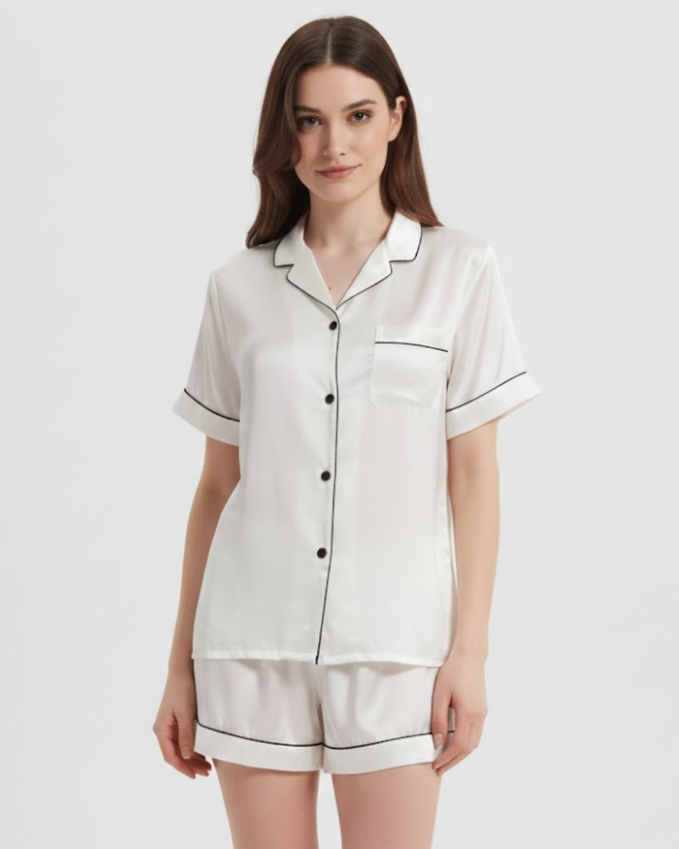Silk Short Sleeve Pyjama Set With Contrast Piping