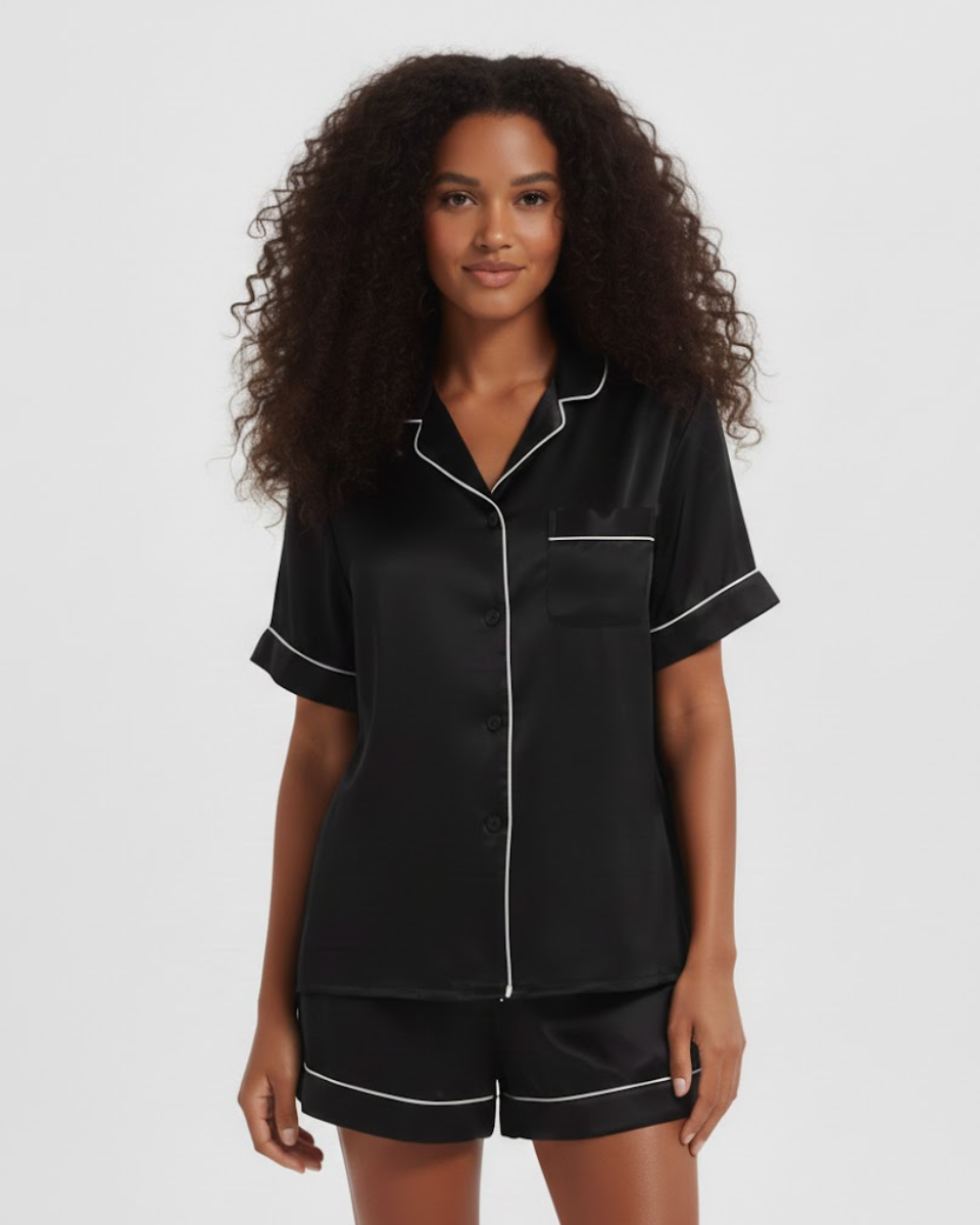 Silk Short Sleeve Pyjama Set With Contrast Piping