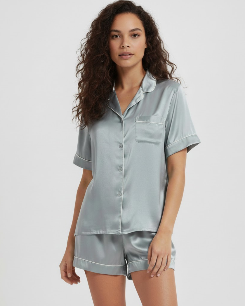 Silk Short Sleeve Pyjama Set With Contrast Piping