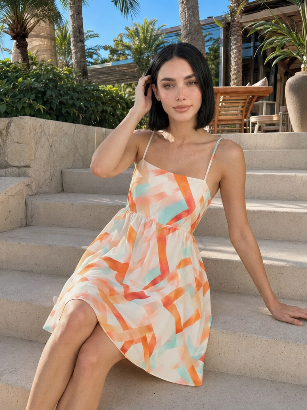 Square-Neck Mini Dress With Abstract Print
