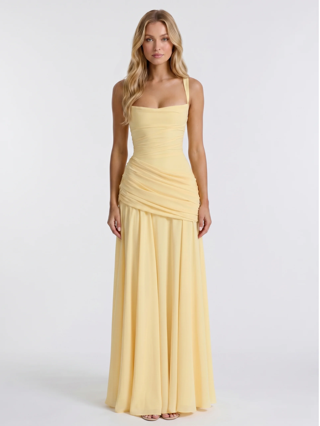 Square-Neck Ruched Maxi Dress With Draped Waist
