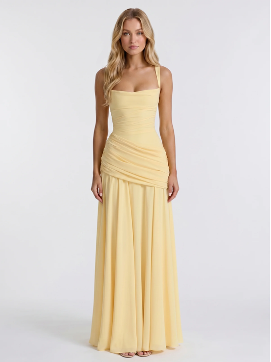Square-Neck Ruched Maxi Dress With Draped Waist