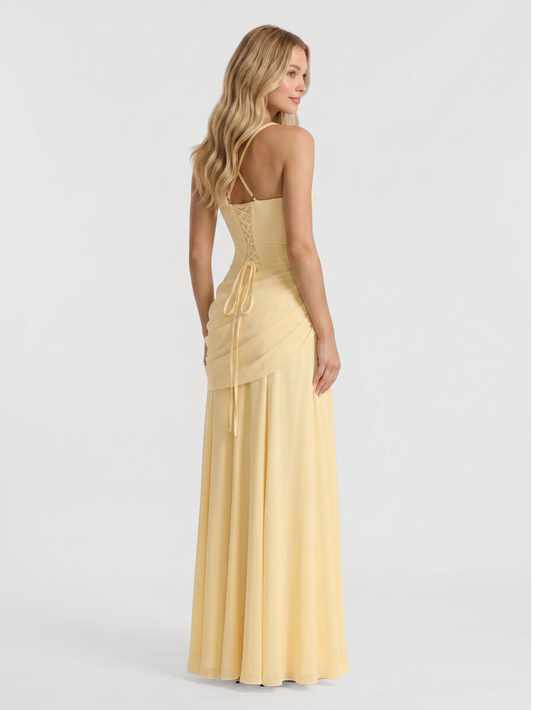 Square-Neck Ruched Maxi Dress With Draped Waist