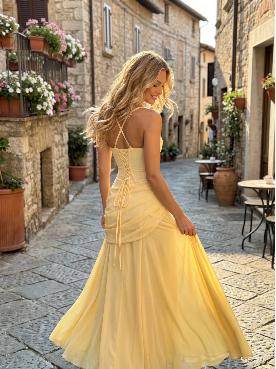 Square-Neck Ruched Maxi Dress With Draped Waist