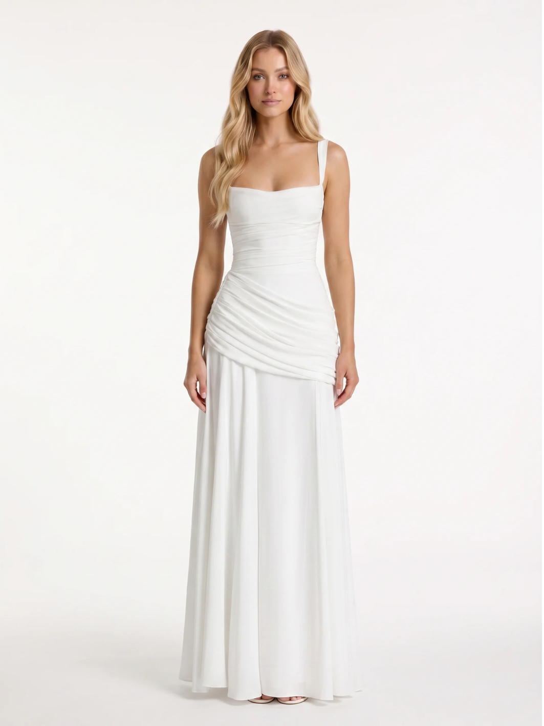 Square-Neck Ruched Maxi Dress With Draped Waist