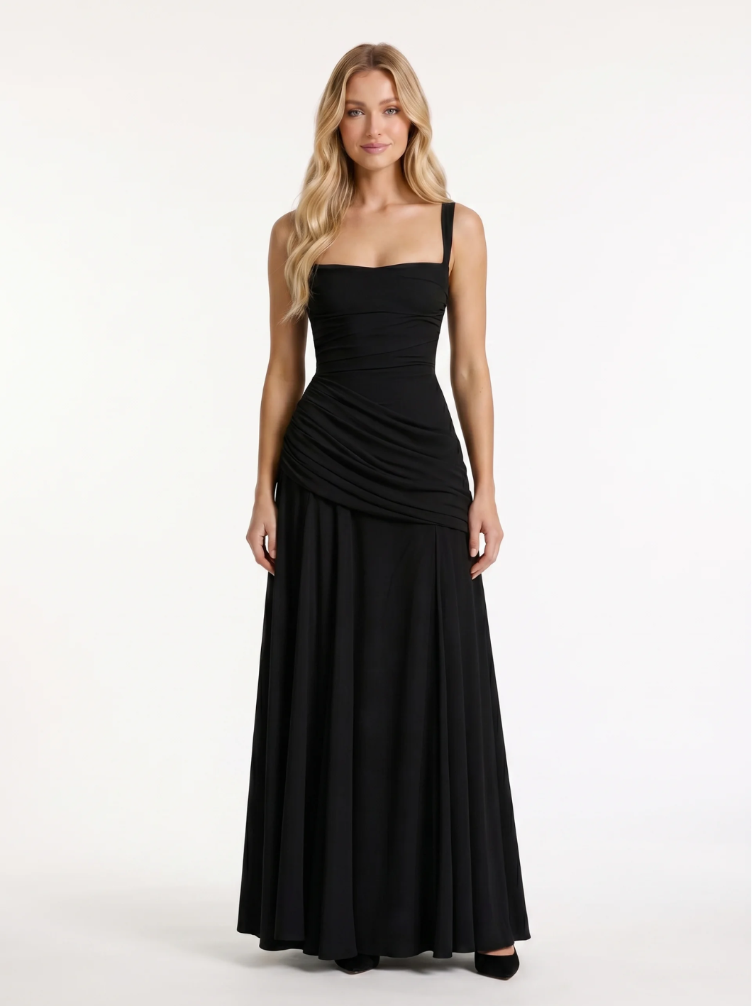Square-Neck Ruched Maxi Dress With Draped Waist