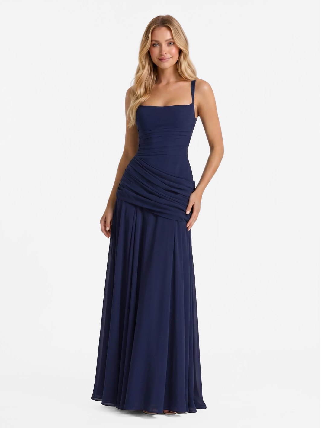 Square-Neck Ruched Maxi Dress With Draped Waist