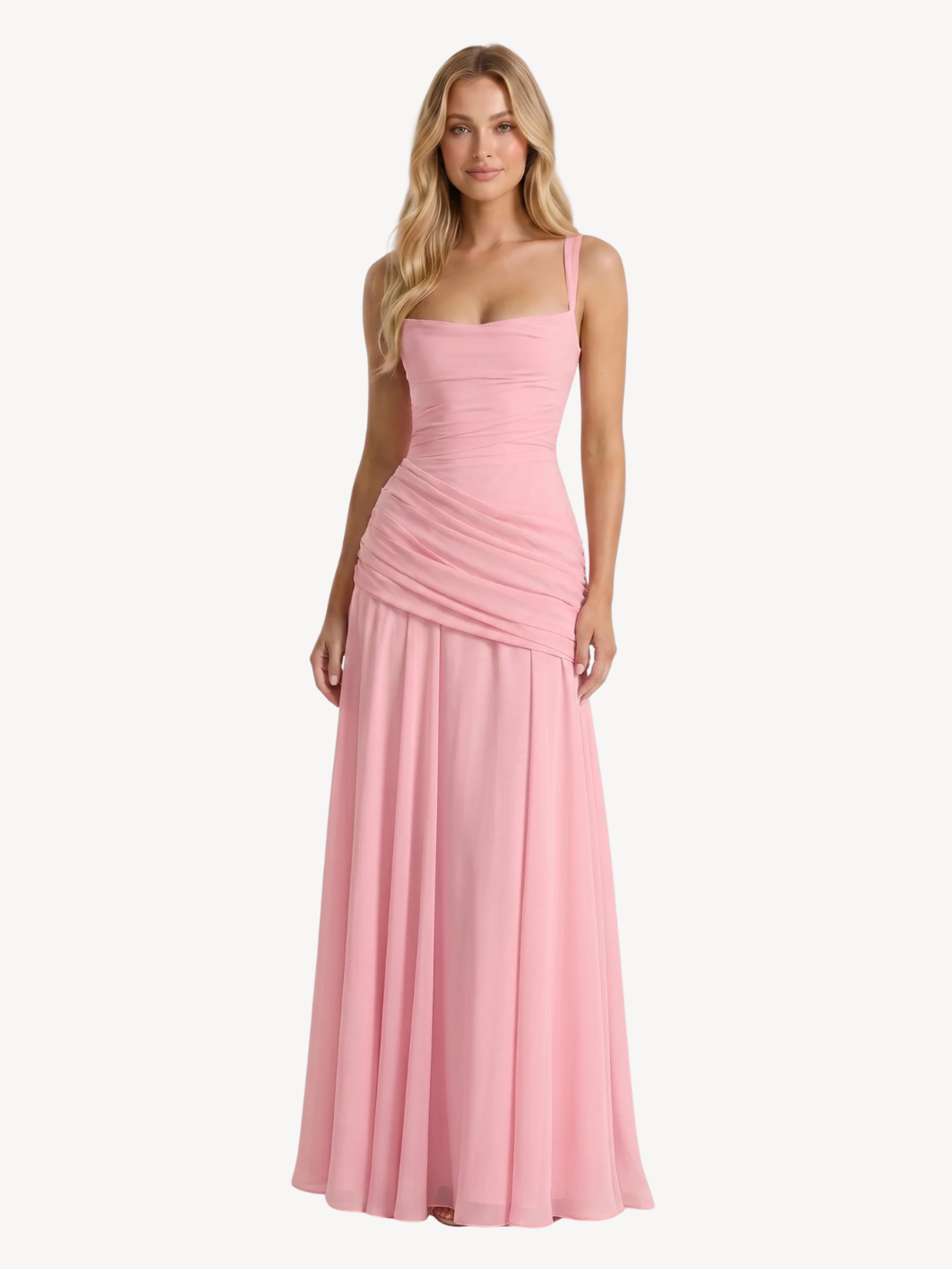 Square-Neck Ruched Maxi Dress With Draped Waist