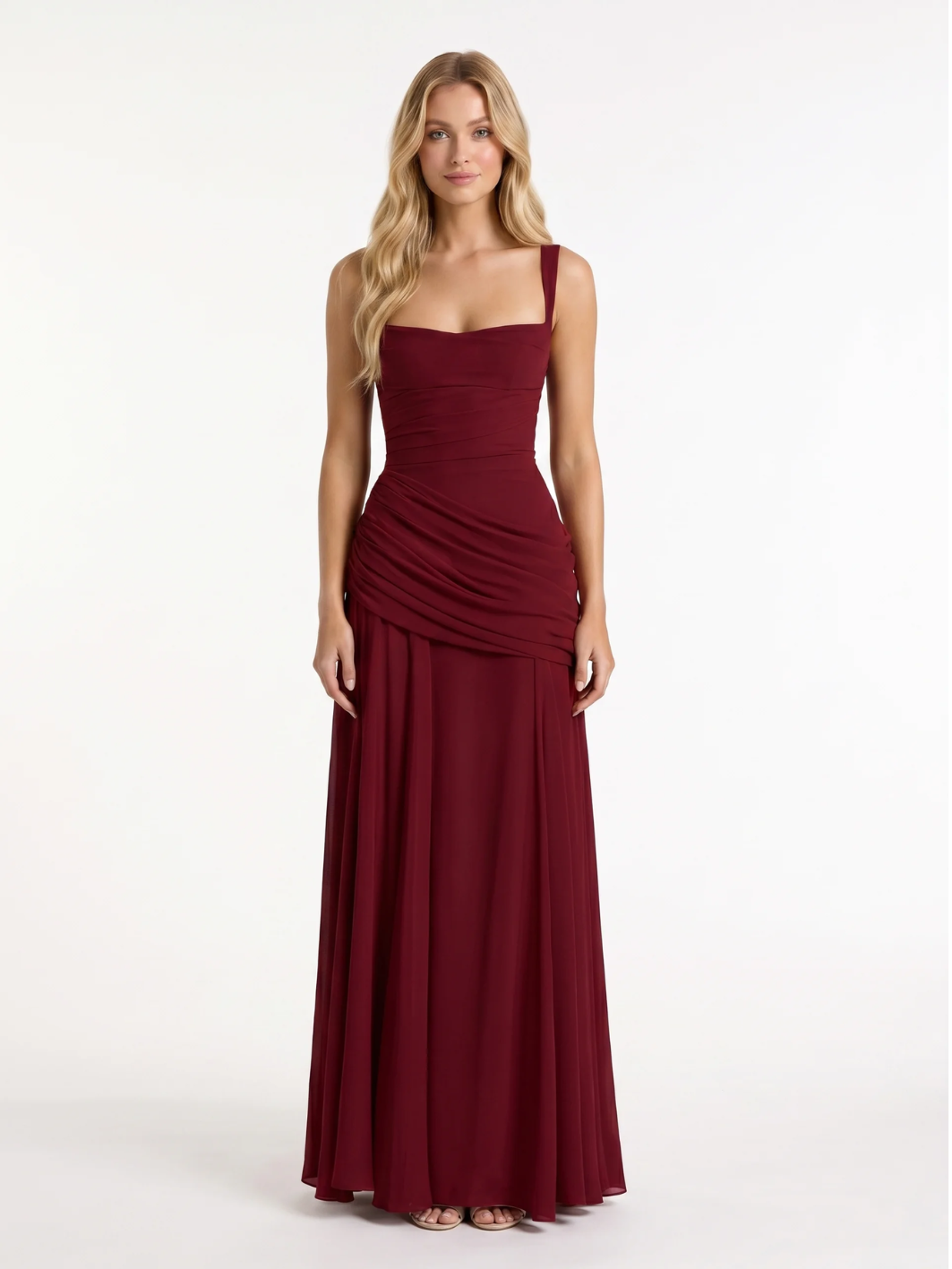 Square-Neck Ruched Maxi Dress With Draped Waist