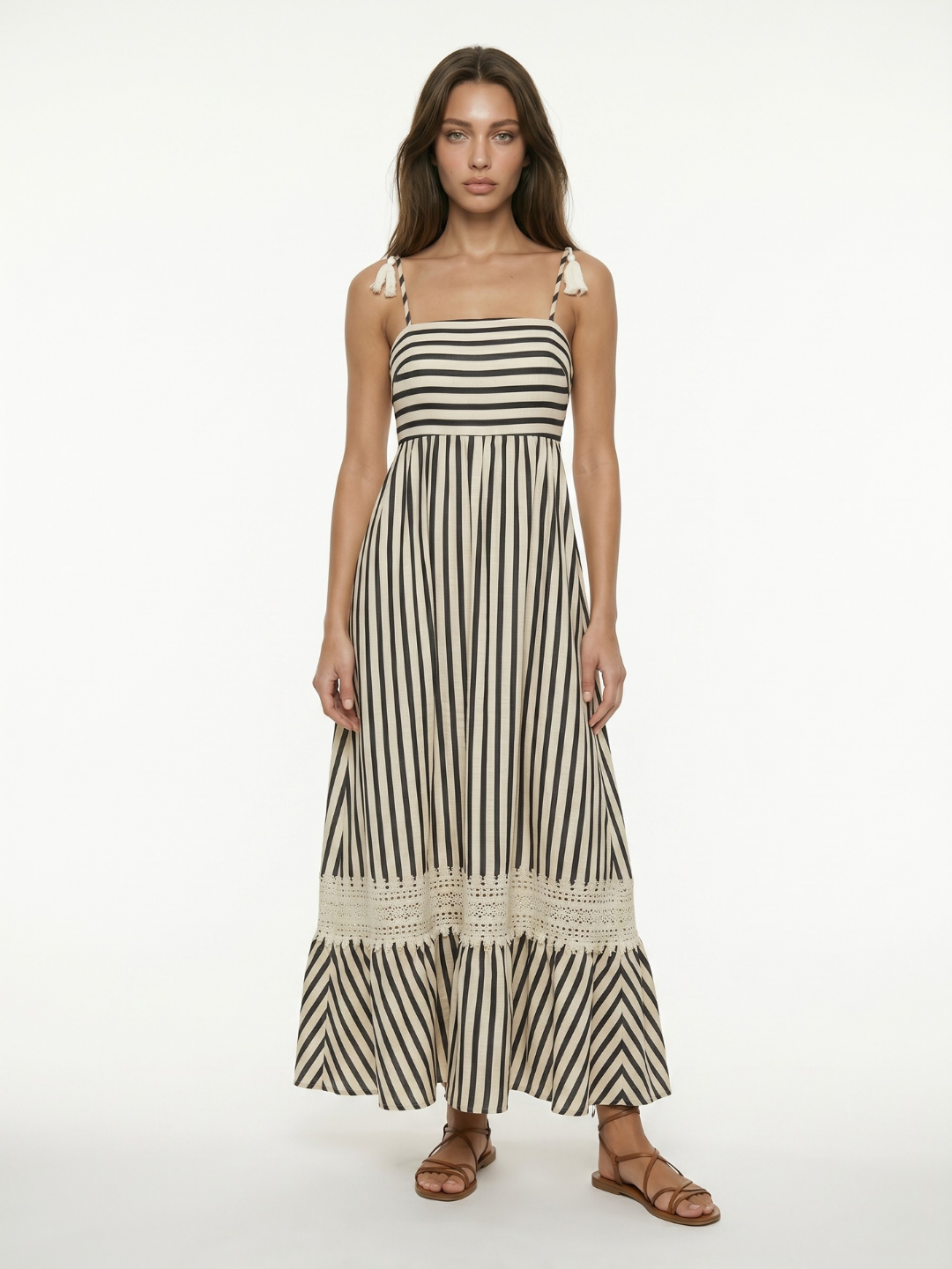 Square-Neck Striped Maxi Dress With Lace Trim