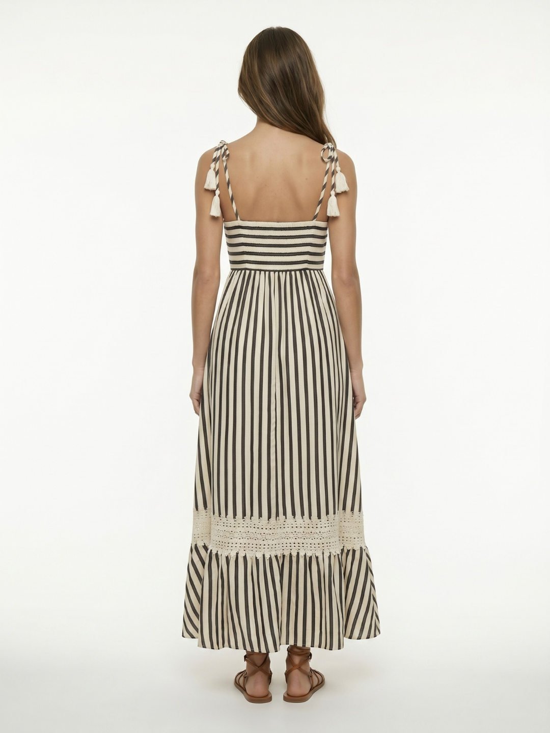 Square-Neck Striped Maxi Dress With Lace Trim