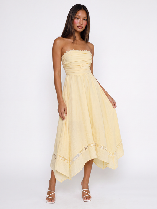 Strapless Asymmetric Midi Dress With Lace Trim