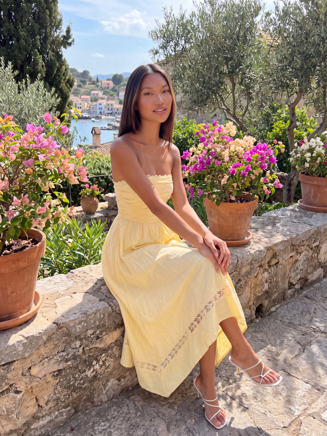Strapless Asymmetric Midi Dress With Lace Trim