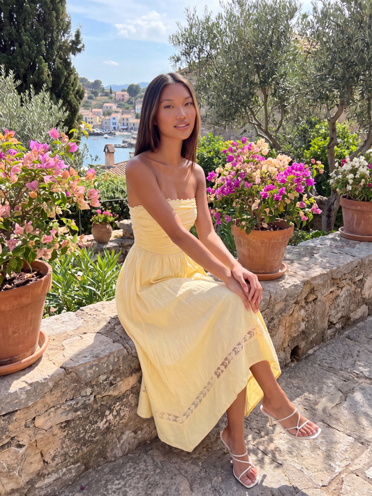 Strapless Asymmetric Midi Dress With Lace Trim
