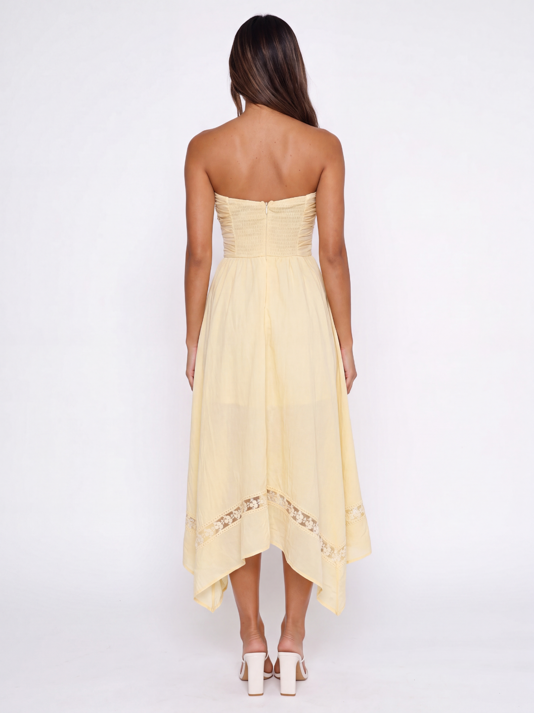 Strapless Asymmetric Midi Dress With Lace Trim