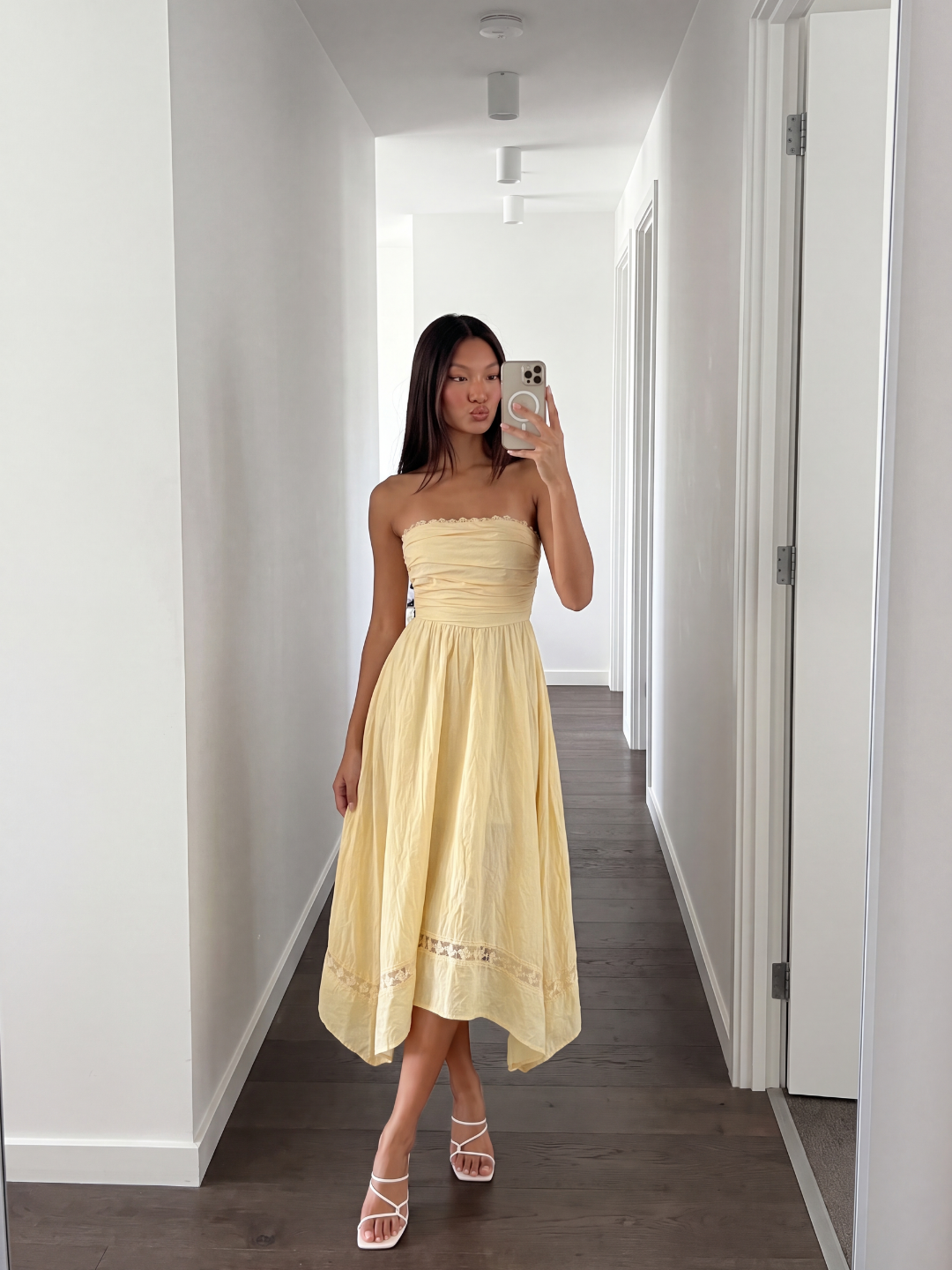 Strapless Asymmetric Midi Dress With Lace Trim