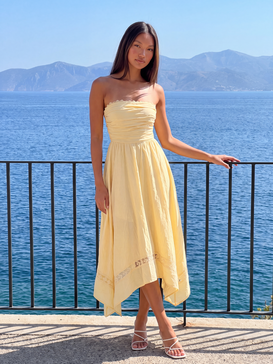 Strapless Asymmetric Midi Dress With Lace Trim
