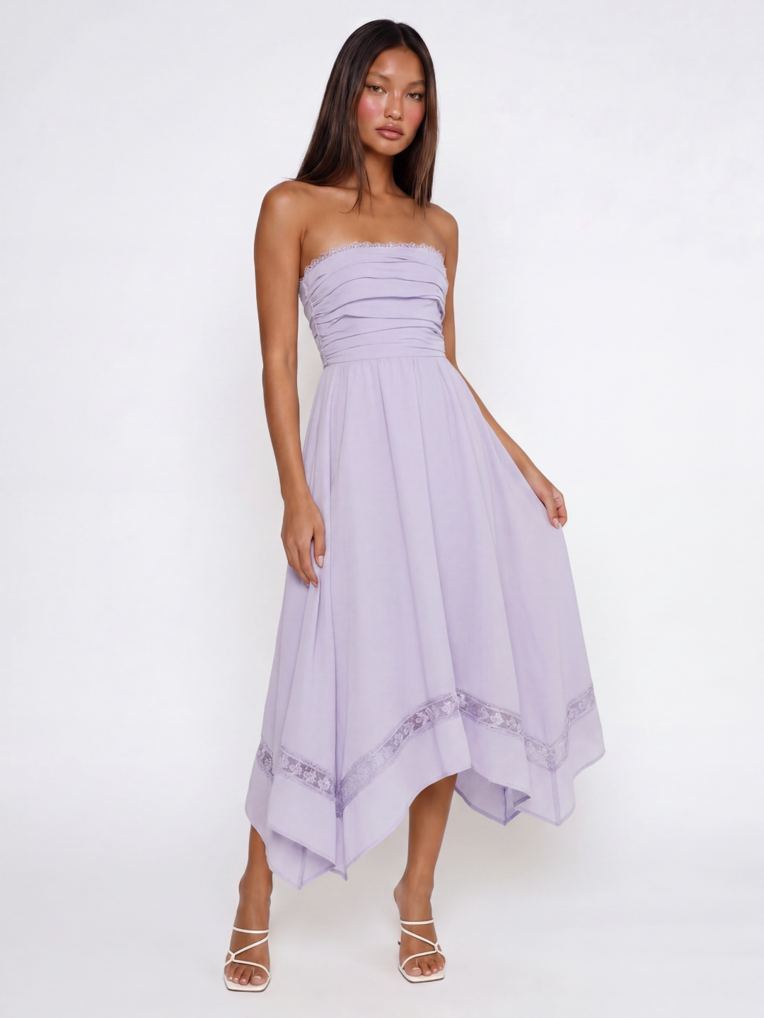 Strapless Asymmetric Midi Dress With Lace Trim