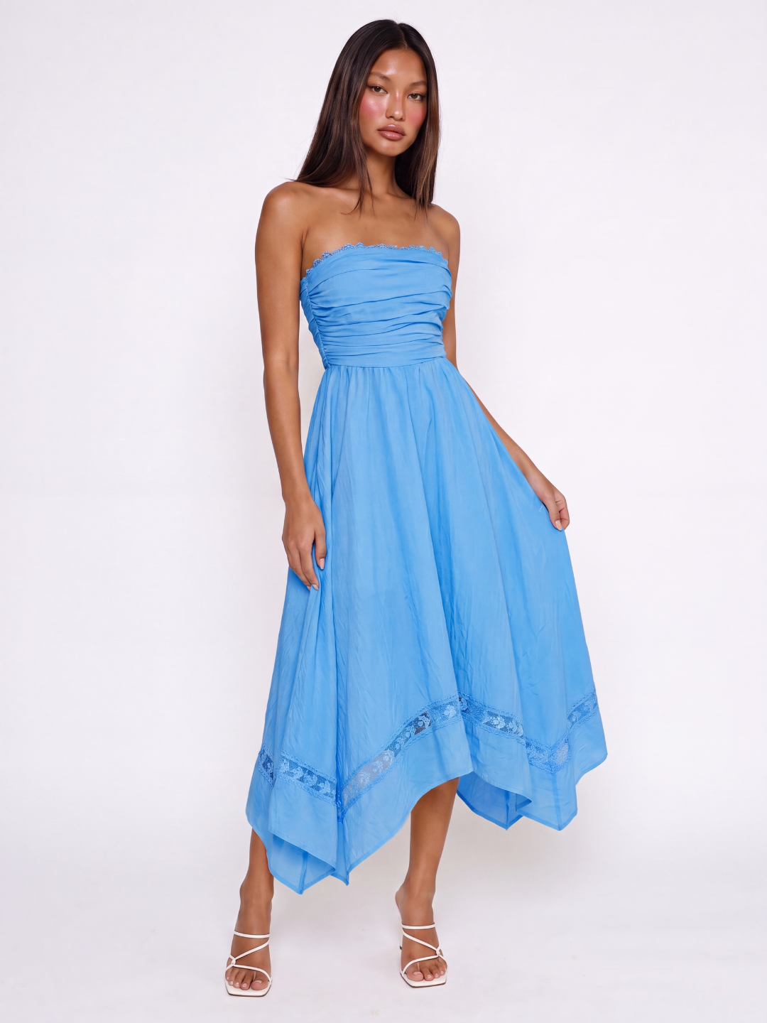 Strapless Asymmetric Midi Dress With Lace Trim