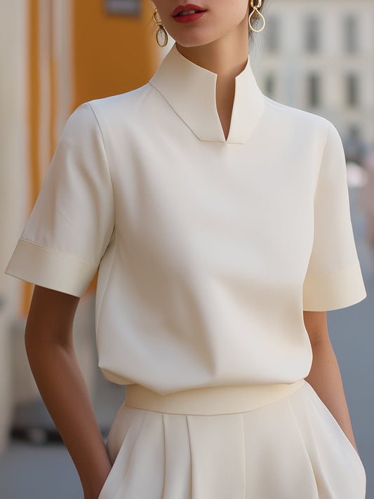 Structured Stand Collar Blouse With Split Detail