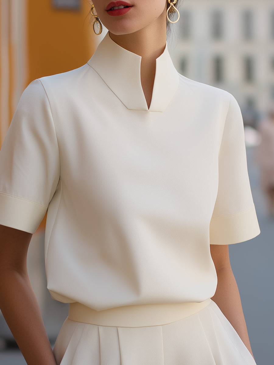 Structured Stand Collar Blouse With Split Detail